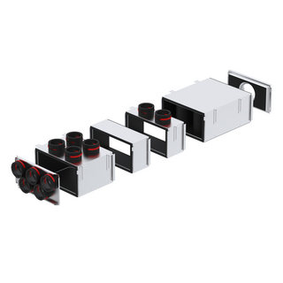 Zehnder_CSY_ComfoWell_Therm_Kompass_Modulverteiler_explosion Cut-Out Zehnder ComfoWell Therm attenuator kit Comfortable indoor ventilation Angled view